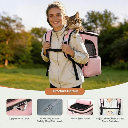 Lekereise Pet Carrier Backpack Expandable Cat Backpack for Small Dogs Cats, Dog Backpack Bag with Breathable Mesh, Pink