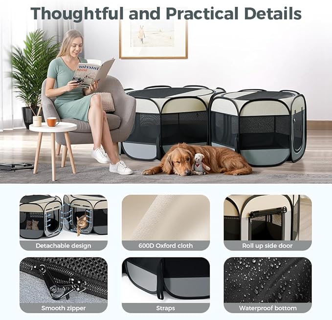 Cat Playpen, 70"x 24" Large Portable Puppy Playpen, 2-Room Foldable Dog Playpen for Indoor Outdoor Dogs, Cats, Small Animals with Carrying Case