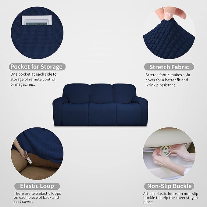 Easy-Going 100% Dual Waterproof Recliner Sofa Cover, 8-Pieces Stretch Relining Couch Cover with Pocket, Jacquard 3 Seat Sofa Slipcover Leakproof Washable (Sofa, Navy)
