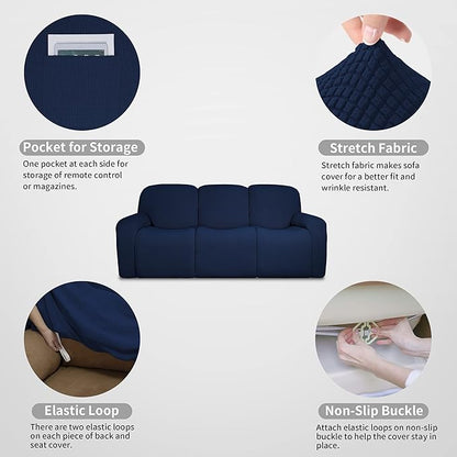 Easy-Going 100% Dual Waterproof Recliner Sofa Cover, 8-Pieces Stretch Relining Couch Cover with Pocket, Jacquard 3 Seat Sofa Slipcover Leakproof Washable (Sofa, Navy)