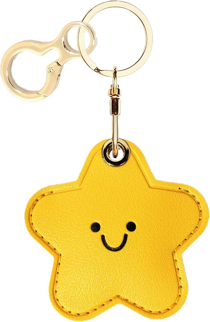 Leather Keychain Holder Case Compatible with AirTag,Cute Protective Cover with Keyring,Anti-Scratch Finder GPS Tracker Case for Wallet Keys,Bag,Pets,Backpack(Yellow Star)