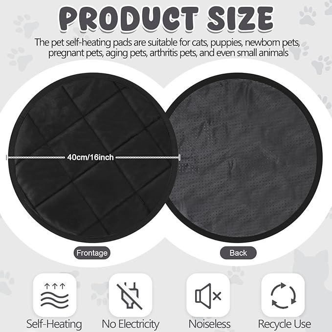 Drydiet 2 Pcs Self Warming Cat Mat Round Self Heating Pad Bed Reversible Machine Washable Heated Bed Anti Slip Warming Pad Pet Mat for Cat Crate Indoor Outdoor(Black,16 Inch)