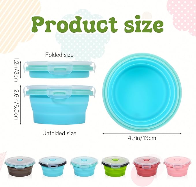 MAQUITA 6 Pcs Bowls with Lids Silicone Camping Food Storage Container Expandable Folding Salad Lunch Box Travel Container for Hiking Camping