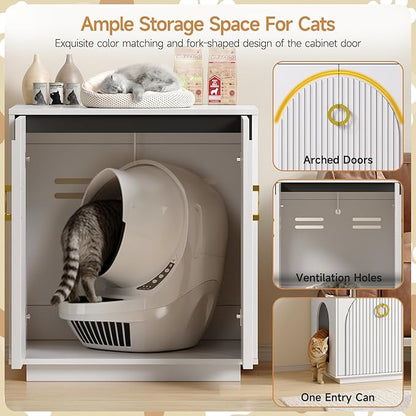 Large Cat Litter Box Enclosure for Self Cleaning Litter Box, 34.84" Tall Litter Boxes Furniture w/Outlets, Modern Cat House, Hidden Cat Litter Furniture for Living Room White