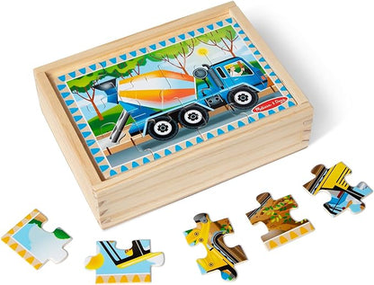 Melissa & Doug 4‑in‑1 Wooden Construction Vehicles Jigsaw Puzzle Set, 48 Pieces with Storage Box, Toddler Puzzle Toy for Kids Ages 3+ - FSC Certified
