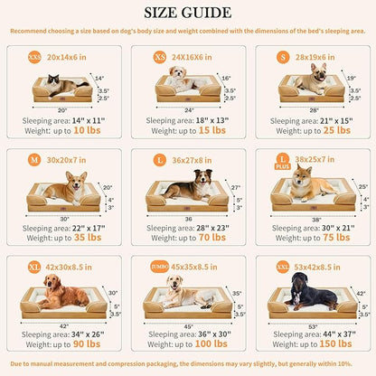 Comfort Expression Orthopedic Dog Bed for Extra Large Dogs 53x42 Inch, Waterproof Supportive Egg Crate Foam XXL Pet Bed with Removable Bolster, Dog Couch with Washable Cover & Non-Slip Bottom, Caramel