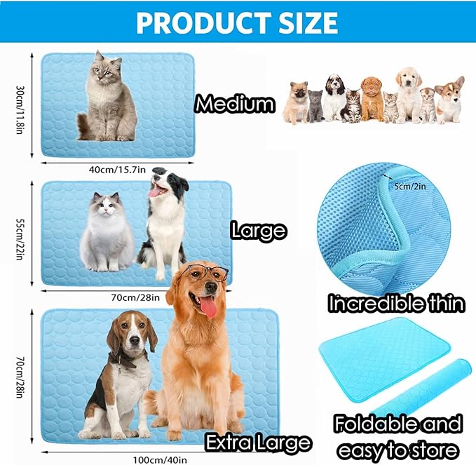 Mannice Dog Cooling Mat, Pet Cooling Mat for Dogs Cooling Blanket for Dogs Dog Cooling Pad for Kennels, Crates, Cars, Indoor & Outdoor Ice Silk Cooling Mat for Extra Large Dogs (Blue, L(28 * 22"))
