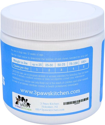 3 Paws Kitchen Snooze Snacks - Calming Chews for Dogs with Melatonin, Chamomile, and Valerian Root - Dog Anxiety Relief Supplement - 120 Soft Chews - Natural, Vet-Approved - Made in USA