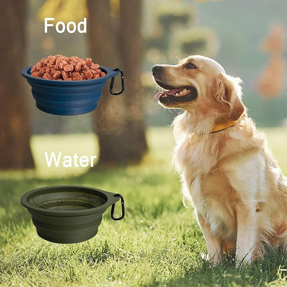 PetBonus 2-Pack Large Silicone Collapsible Dog Bowls, 34oz/1000ml BPA Free Portable Foldable Travel Bowl for Pet Cat, Food Water Feeding Dish for Camping with 2 Carabiners (Army Green, Navy Blue)