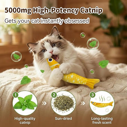 Catnip Toys for Indoor Cats with 5000mg Natural 2 Pack Fish Cat Toys with Hidden Bell Interactive Chew Kicker Toy with Crinkle Paper for Kitten Exercise Yellow Purple