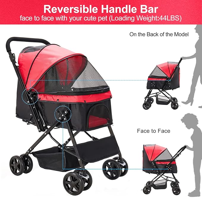 Large Dog Stroller for Medium Foldable Dogs Cat Stroller Pet Stroller with Convertible Compartment Reversible Handlebar Dog Cat Stroller of Large, Medium, Pet Bag
