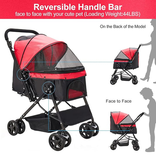 Large Dog Stroller for Medium Foldable Dogs Cat Stroller Pet Stroller with Convertible Compartment Reversible Handlebar Dog Cat Stroller of Large, Medium, Pet Bag