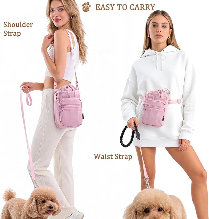 Stylish Dog Training Treat Pouch with Waist & Shoulder Strap, Dog Treat Bag for Walking and Training, Removable Waterproof Liner, Drawstring Treat Holder with Front Pocket & Clicker