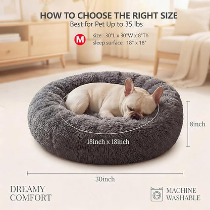 Calming Donut Dogs Beds for Medium Dogs up to 45 lb,30inch Anti-Slip Plush Round Dog Bed with Raised Rim,Fluffy Faux Fur Pet Bed for Cozy Sleep,Dark Grey