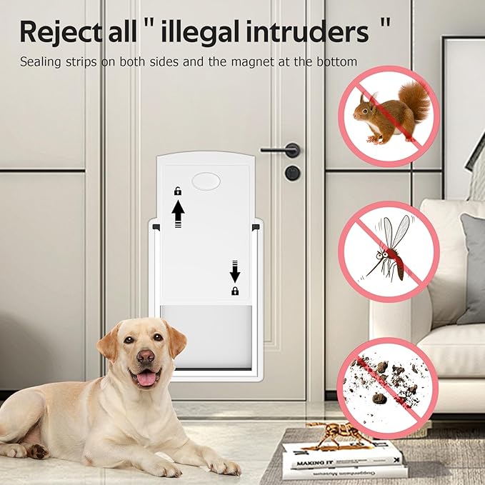 [MAVRICTECH] Doggie Door for Door, Doggy Door for Exterior Door with Steel Frame and Telescoping Tunnel, Dog Door with Two Magnetic Flaps and Two Sliding Lock Panels, for Pets Up to 40LBS, White