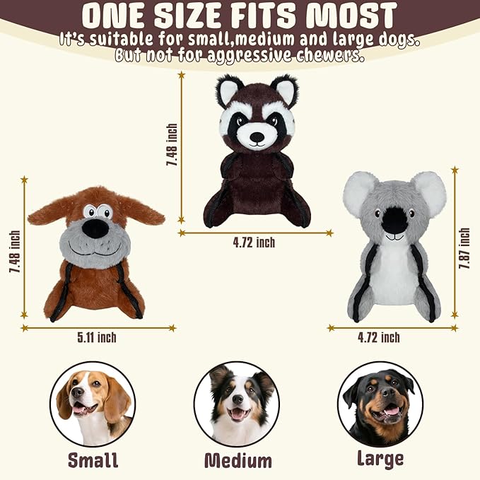 Dog Toys 3-Pack Stuffed Plush Large Dog Toy to Keep Them Busy, Interactive Squeaky Indoor Outdoor Dog's Toy Crinkle Soft Fabric Puppy Toys(Dog,Koala, Raccoon) not for Aggressive chewers