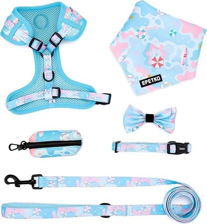 Small Dog Harness and Leash Set of 6, No Pull Soft Lightweight Mesh Puppy Harness， Adjustable Cute Floral Pattern Pet Harness for Small Medium Dogs (Blue Sea, L)
