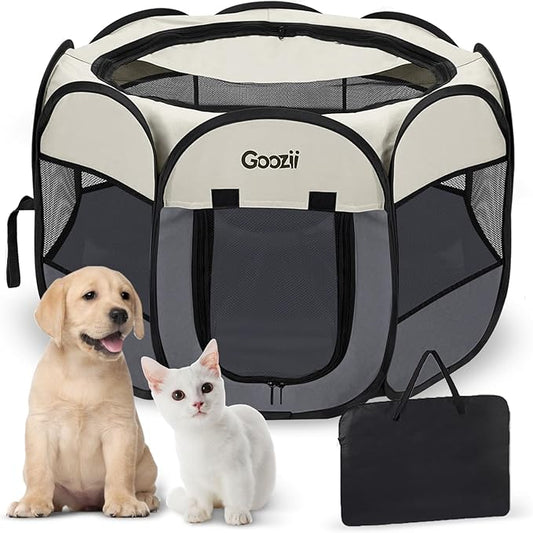 Goozii Pet Cat Playpen for Indoor Cats Enclosed, Puppy Dog Play Pen for Outdoor Travel Camping (Large Size, Beige & Dark Grey)