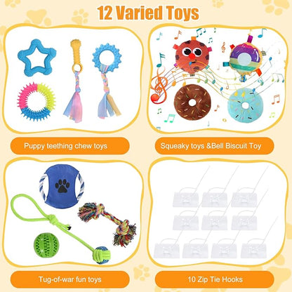 Puppy Play Gym with 12 Toys, Removable Dog Enrichment Playground, Interactive Indoor Training Activity Center for Small Dogs & Puppies, Teething & with Squeaky Toys, Fixable, 12 Toys