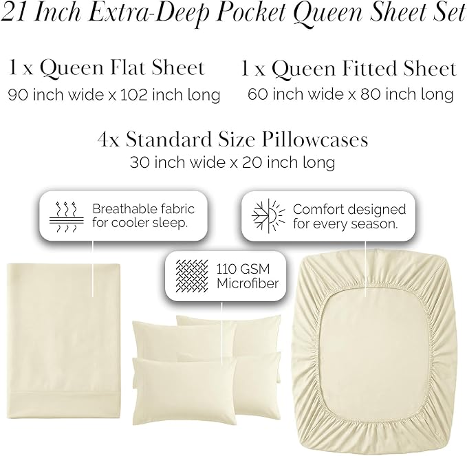 Southshore Fine Living, Inc. 6-Piece Queen Sheet Set, 21-Inch Extra Deep Pocket Queen Sheets, Fitted and Flat Sheet Set, Microfiber Bedding, Cream Pillow Cases Standard Size, Cream Sheets