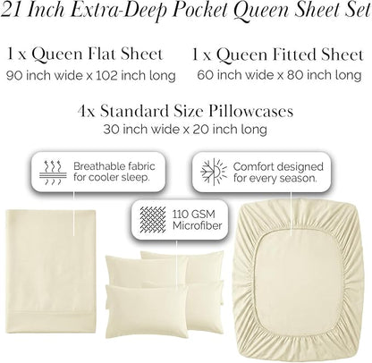 Southshore Fine Living, Inc. 6-Piece Queen Sheet Set, 21-Inch Extra Deep Pocket Queen Sheets, Fitted and Flat Sheet Set, Microfiber Bedding, Cream Pillow Cases Standard Size, Cream Sheets