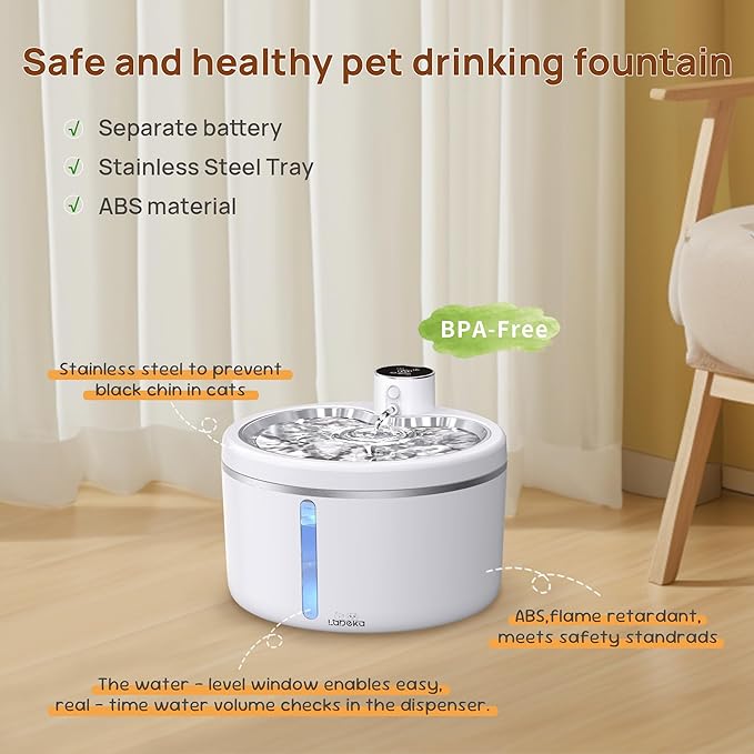 Wireless Cat Water Fountain with Stainless Steel Tray, 102oz/3L Pet Fountain for Cats Inside, Cat Fountain for Drinking with Motion Sensor, Ultra Quiet Pump for Pets&Small Animals (102oz+2Filters)
