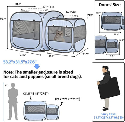 EighteenTek® 2-in-1 Portable Cat Playpen(Front Doors), Pop up Kitten Playpen, Assembly-Free, Pet Tent Crates Kennel Cage Enclosure for Dog Puppy Indoor Outdoor(No Divider, Unified Space)