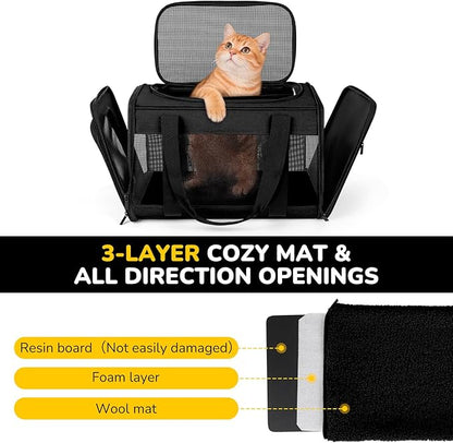 Hipubby Cat Carrier Dog Carrier for Pets Up to 16 Lbs, Soft-Sided Pet Travel Carrier for Cats and Small Dogs, Airline Approved Pet Carrying Case with Shoulder Strap & Removable Mat - Black