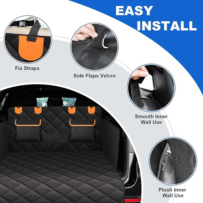 4-in-1 SUV Cargo Liner for Dogs, Non-Slip Water Resistant Pet Trunk Mat with Side Flaps Protector & Back Seat Organizer, Dog Backseat Cover for SUVs Vans（54" W x 88" L）
