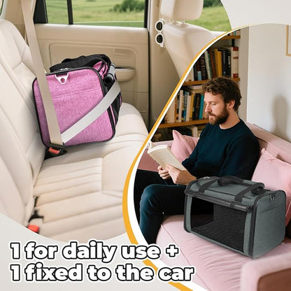 YUDODO 2 Packs 25 lbs Lightproof Soft Sided Cat Carrier for Large Cat & Small Dog Airline Approved Travel Puppy Carriers with Side Pockets & Reflective Mesh, Foldable Portable for Car Grey Green+Pink