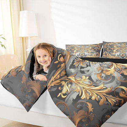 Erosebridal Golden Damask(Just Print) Toddler Comforter Set, Floral Boho Vintage Paisley Microfiber Bedding Set for Kids Teens Adults, Hippie Aztec Exotic Duvet Insert Garden Bohemian Gothic Bed Sets