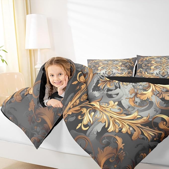 Erosebridal Golden Damask(Just Print) King Comforter Set, Floral Boho Vintage Paisley Microfiber Bedding Set for Kids Teens Adults, Hippie Aztec Exotic Duvet Insert Garden Bohemian Gothic Bed Sets