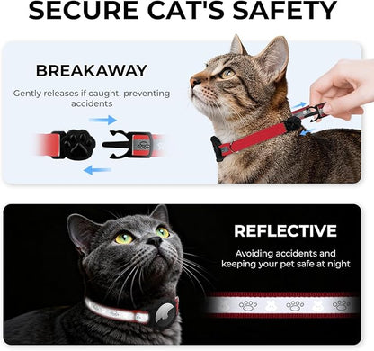 Breakaway AirTag Cat Collar, Reflective Cat Tracker Collar with Air Tag Holder and Bell, Safety Elastic Band Cat GPS Collars for Girl Boy Cats, Kittens and Puppies (Red, 8-13'')