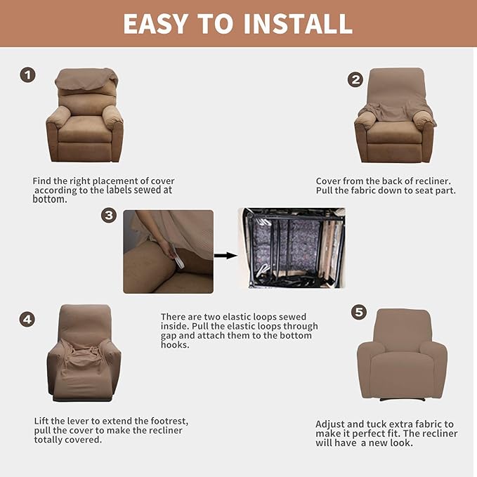 Easy-Going 100% Waterproof Recliner Cover, Dual Waterproof Couch Cover for Recliner, 1- Piece Jacquard Sofa Cover, Leakproof Sofa Slipcover for Kids, Pets, Dog and Cat (Recliner, Camel) 1 Seat