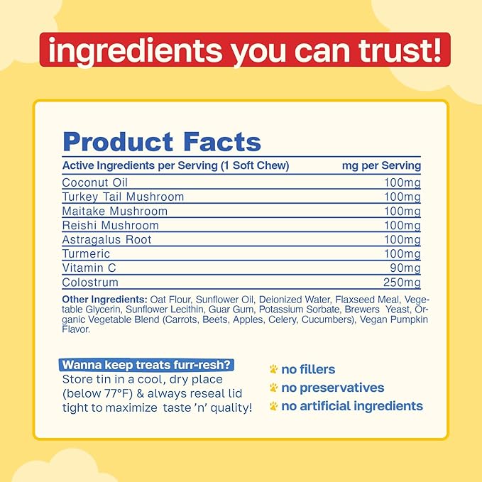 Happy Paws Turmeric Supplement for Dogs, Daily Immune & Joint Support for All Breeds & Ages, with Turmeric, Colostrum & Turkey Tail Mushrooms, Pumpkin Flavor, Non-GMO, 100 Soft Chews