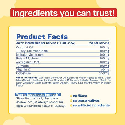 Happy Paws Turmeric Supplement for Dogs, Daily Immune & Joint Support for All Breeds & Ages, with Turmeric, Colostrum & Turkey Tail Mushrooms, Pumpkin Flavor, Non-GMO, 100 Soft Chews