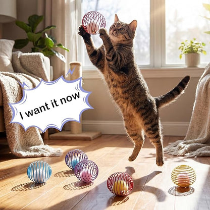 Jecery 5 Pcs Cat Spring Toys Stretchable Rolling Balls Colorful Playful Coils Interactive Action Toy Caged Rats for Kitten Pet Supplies (Pom-pom with Bell,Multicolor)