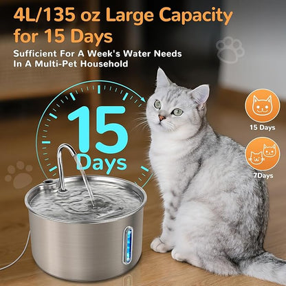 Cat Water Fountain Stainless Steel, 135oz/4L with Adjustable Pump & 3 Flow Modes, Ultra-Quiet Automatic Cat Dog Water Dispenser, Large Capacity Water Fountain for Cats, Dogs, Multiple Pets