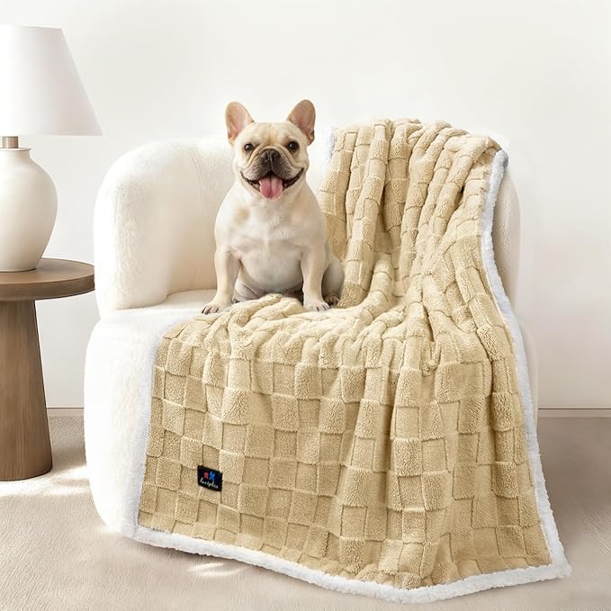 Luciphia Waterproof Dog Blanket, Leakproof Medium Pet Blanket for Couch Sofa Bed Furniture Cover Protector, Washable Soft Sherpa Fleece with 3D Jacquard, Cozy Calming Reversible, Beige White, 57"x40"