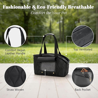 Dog Purse Carrier for Small Dogs Cats, Lightweight Luxury Pet Bag with Pocket for Puppy Kitten, Soft-Sided Travel Dog Bag Tote Up to 10 lbs,TSA Airline Approved (Black, 14.17'' L x 7.09''W x 8.66''H)