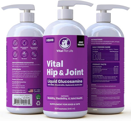 Liquid Glucosamine for Dogs Cats & Horses with Chondroitin, MSM, and Hyaluronic Acid, Hip & Joint Supplement for Mobility & Comfort, Supports Joint Health & Flexibility, Mobility, & Protection, 32 oz