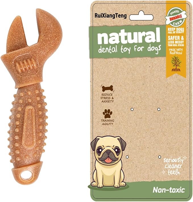 Dog Chew Toys for Aggressive Chewers, Medium & Large Dogs, Made of Real Pine Wood and Durable Food-Grade Nylon, with Tool Shape Design for Dental Cleaning and Long-Lasting Chewing Fun (Brown-Wrench)