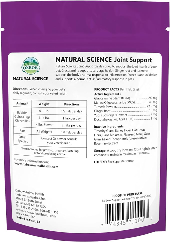 Oxbow Natural Science Joint Support,Anti Inflammatory Supplement for Rabbit & Guinea Pig,Oxbow Timothy Hay,Made with Glucosamine,Turmeric,& Yucca,Made in USA,4.2 oz Bag,(Pack of 2)