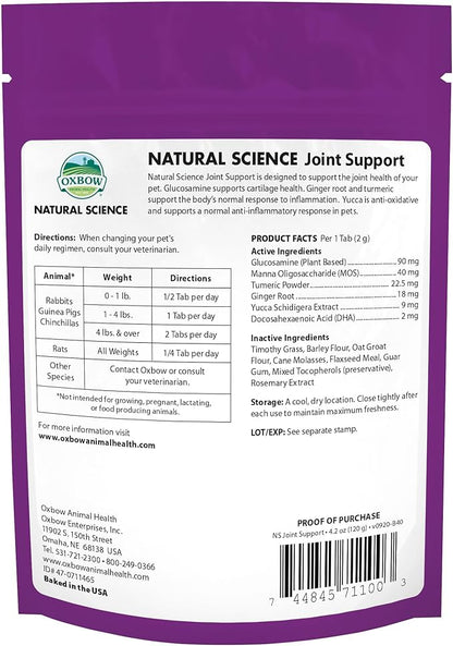 Oxbow Natural Science Joint Support,Anti Inflammatory Supplement for Rabbit & Guinea Pig,Oxbow Timothy Hay,Made with Glucosamine,Turmeric,& Yucca,Made in USA,4.2 oz Bag,(Pack of 2)