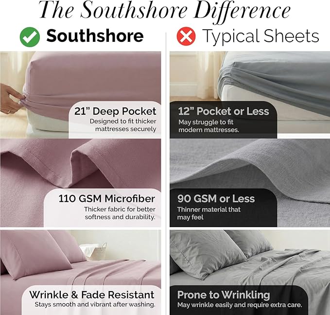 Southshore Fine Living, Inc. 7-Pc Split King Sheet Set, 21-Inch Deep Pocket Sheets for Adjustable Bed, Split King Fitted Sheets, Microfiber Sheet Set, Lavender Pillow Cases, Lavender Bedding
