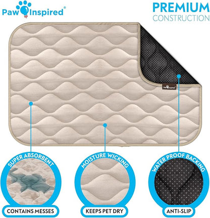 Paw Inspired Washable Padded Crate Mats for Dogs | 35” x 22” Pad, Fits 36-inch Kennels | Leakproof, Waterproof Bottom, Plush Pet Beds (Tan)