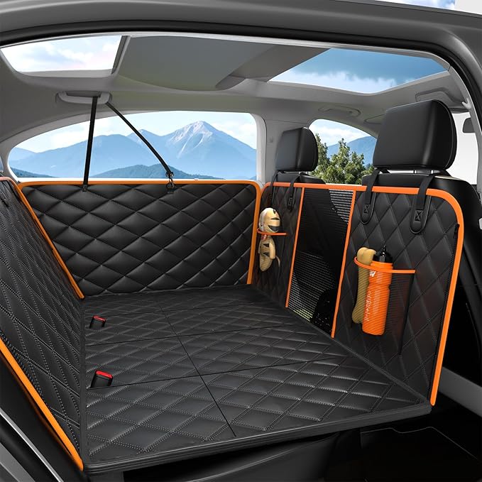 Dog Car Seat Cover for Back Seat, Hard Bottom Back Seat Extender for Dogs - Supports 400lbs,New Waterproof, Scratch Resistant, Anti Slip Portable Dog Hammock,Suitable for Cars, SUVs and Trucks(BLACK）