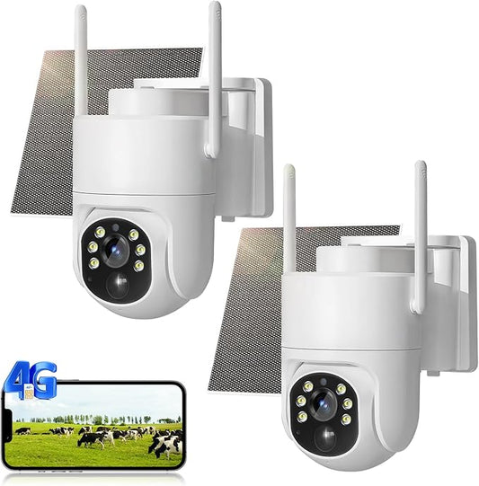 4G LTE Cellular Security Camera, No WiFi Solar Powered Security Camera, Auto Tracking, Color Night Vision, Motion Detection, 2 Way Audio, Built in SIM Card, Support Verizon/AT&T/T-Mobile(2 Pack)