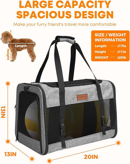 Large Cat Dog Carrier for Pet Up to 20 Lb - 20×13×13 in, Top & Side Entry, Foldable, Soft-Sided Pet Carrier with Ventilated Anti-Scratch Mesh & Car Seat Buckle for Car, Travel and Vet – Grey