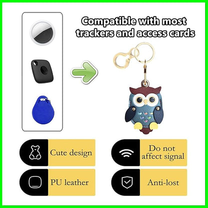 Leather Keychain Holder Case Compatible with AirTag,Cute Protective Cover with Keyring,Anti-Scratch Finder GPS Tracker Case for Wallet Keys,Bag,Pets,Backpack(Owl Green)